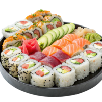 Savoring a delicious sushi platter with various rolls restaurant food photography contemporary setting overhead view png