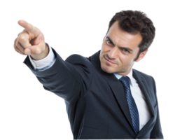 Confident businessman in suit pointing forward studio setting professional portrait dynamic expression png
