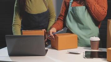 Two women are working on a laptop and boxes video