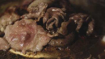 A close up of meat and onions in a pan video