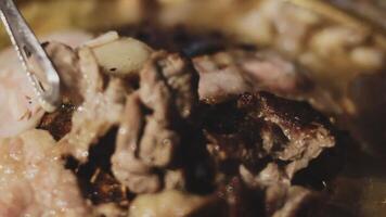 A close up of a meat dish with a fork video