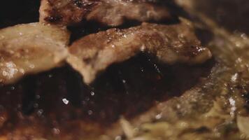 A close up of meat being cooked in a pan video