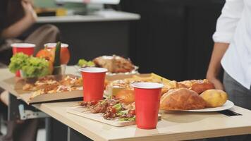 A table with food and drinks on it video