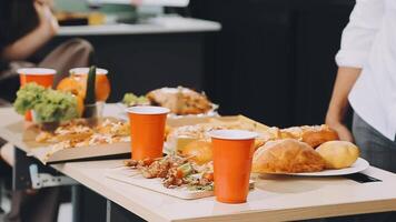 A table with food and drinks on it video