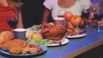 A table with food and wine on it video