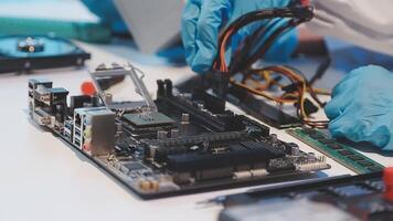 A person working on a computer motherboard video