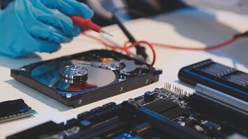 A person in blue gloves is working on a computer video