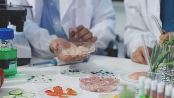 Two people in lab coats are working on food video