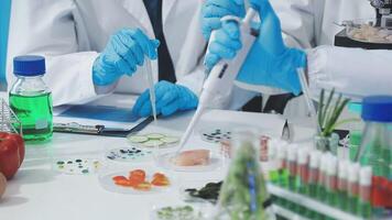 A group of people in lab coats are working on food video