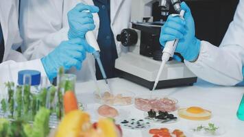 Scientists in lab coats and gloves working with food video