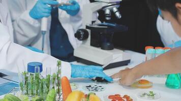 A group of people in lab coats are working on a project video