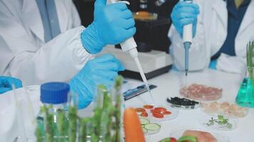 Scientists in lab coats and gloves working with food video