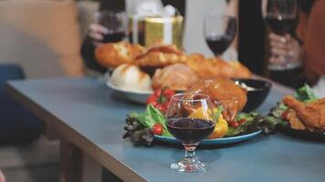 A table with food and wine on it video