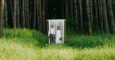The bride and groom holding hands standing near the arch in the forest. They smile and look at the camera video