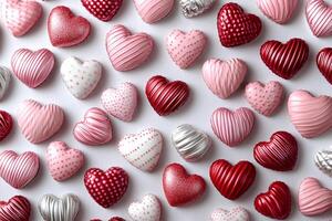 Romantic Valentine's Day background featuring red and white hearts on a soft white backdrop, creating a sweet and loving atmosphere photo