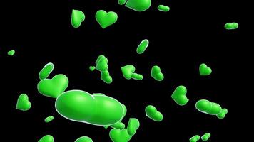 Loop Animation of Green Hearts Falling on a Transparent Background video