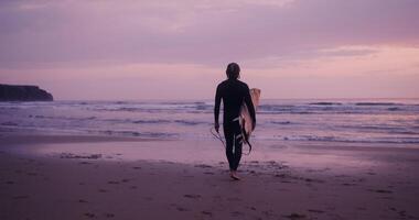 A man in a diving suit with a surfboard in his hands walks towards the sea in the red light of the setting sun video