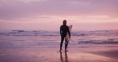 Rear view of a man in a diving suit with wet hair and a surfboard in his hands, standing on the seashore in the pink light of the setting sun and looking into the distance video