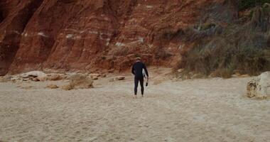 A young man in a diving suit, with a surfboard in his hands, walks along a sandy beach towards the rocky Mountains. Rear view video