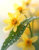 Yellow flowers with dew drops in the morning. Natural background. photo