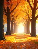 autumnal alley in a beautiful forest with sunbeams and fog photo