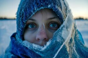 A close-up portrait of a girl with piercing blue eyes, snow delicately resting on her face, capturing the beauty and serenity of a winter day photo