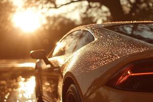 A car driving on a wet road during the rain, with sun rays breaking through the clouds and creating a beautiful lens flare. The scene captures the contrast of nature's elements photo