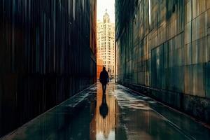 A captivating street view of Manhattan with tall buildings, captured in the reflection on water, creating a stunning cityscape photo