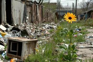 Bright flowers growing amidst a garbage dump in the city on a summer day, symbolizing resilience and natures struggle against pollution photo