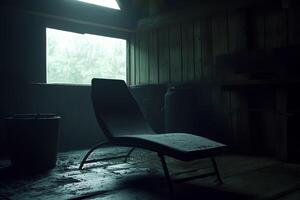 An eerie and dark abandoned room with an old chair, evoking a Halloween vibe with shadows and mystery photo