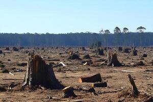 A eucalyptus forest in Australia showing the aftermath of a recent storm, with fallen trees and scattered debris photo