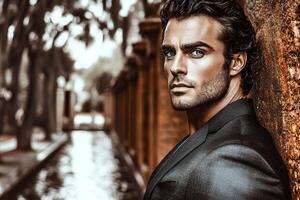Stylish portrait of a man in an elegant suit, highlighting men's beauty and fashionable style photo