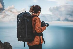 A young woman hiker standing on a seaside mountain peak, carrying a backpack and camera, enjoying the breathtaking ocean view in an adventurous outdoor setting photo