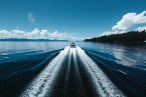 A serene boat floating on the clear waters of Lake Tahoe, California, with plenty of space for text photo