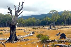 A dramatic scene of dead trees scattered across the barren landscape of the Australian outback, with the South Island of New Zealand in the distance, illustrating the harsh environment photo