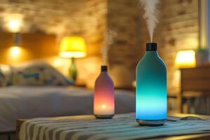An aroma oil diffuser on a table in a hotel room, enhancing the ambiance with soothing scents and space for text or branding photo