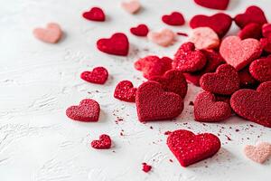 A simple and romantic Valentine's Day background featuring red hearts on a clean white background, symbolizing love and affection photo