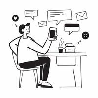 Social media consultant enjoying a peaceful coffee break concept as A social media consultant enjoying a peaceful coffee break in a cozy Cafe while checking social media updates on Dynamics vector