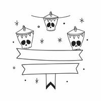 Flat Holographic Papel Picado with Glossy Skulls concept as Horizontal shot of holographic papel picado hanging above glossy skulls isolated on a white background providing a festi pure vector