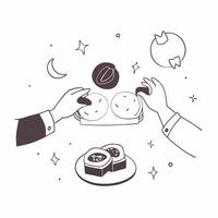 Abstract Digital Art of Mooncake Sharing concept as A glowing abstract scene of people sharing mooncakes during the Mid Autumn Festival with vibrant colors and swirling light trail Cleans Set 3 vector
