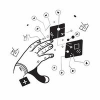 Abstract glowing digital hand interacting with data concept as A glowing abstract digital art depiction of a hand interacting with floating data symbols The hand is illuminated an Cleans vector