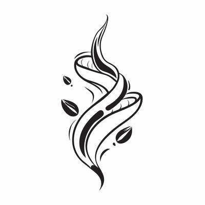 Abstract swirl of coffee beans forming a steaming cup shape with Fresh Brew text concept as A dynamic showing an abstract swirl of coffee beans that form the shape of a stea Cleans
