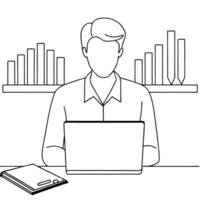 Academic researcher analyzing glossy data trends concept as An academic researcher is seated at a cluttered desk analyzing glossy data trends displayed on a laptop The background Cleans vector