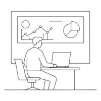 Business analyst working on a glossy dashboard concept as A business analyst is seated at a modern desk interacting with a large glossy dashboard projected on a screen The scene i Cleans vector