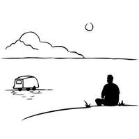 Camper Sitting by Glossy Riverbank at Dawn concept as A camper sitting by a glossy riverbank watching the dawn break over the water with light reflecting off the surface The scene Cleans Set 2 vector