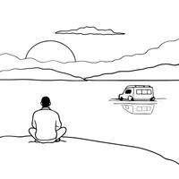 Camper Sitting by Glossy Riverbank at Dawn concept as A camper sitting by a glossy riverbank watching the dawn break over the water with light reflecting off the surface The scene Cleans vector