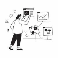 Data scientist candidly analyzing big data with interactive software concept as A candid photo of a data scientist using interactive software to analyze big data on multiple monito Cleans vector