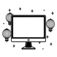 Desktop on Holographic Background with Lanterns concept as A desktop computer with a white screen placed on a holographic background with floating lanterns around representing the Cleans vector
