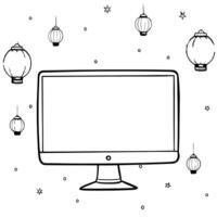 Desktop on Holographic Background with Lanterns concept as A desktop computer with a white screen placed on a holographic background with floating lanterns around representing the Cleans Set 2 vector