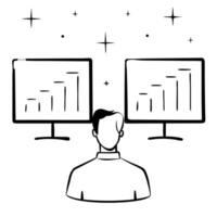 Financial analyst reviewing glossy bar charts concept as A financial analyst is focused on a series of glossy bar charts displayed on multiple monitors The background is sleek and Cleans vector
